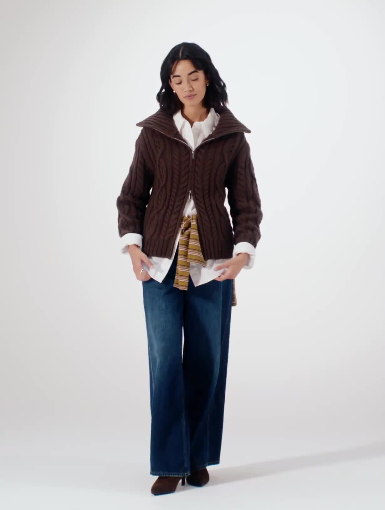 Brown Chunky Cable Zip-Through Cardigan L - Video 1 thumbnail